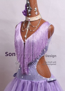 Vestido de Competición de Baile Latino para Mujer Adulta 2026, Estilo con Borlas, Falda Plisada con Flecos en Morado Claro - Product Image 2