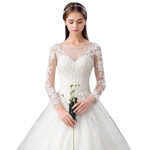 Korean Style Simple Floor Length Wedding Dress Off Shoulder Long Sleeves <b>Lace</b> Princess Waistline <b>White</b> - Product Image 4