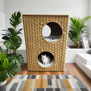 Condominio de gato de 2 niveles vertical personalizado | Ratán tejido, refugio de mascotas de varios agujeros con cojines extraíbles Ideal para perros y gatos - Product Image 1