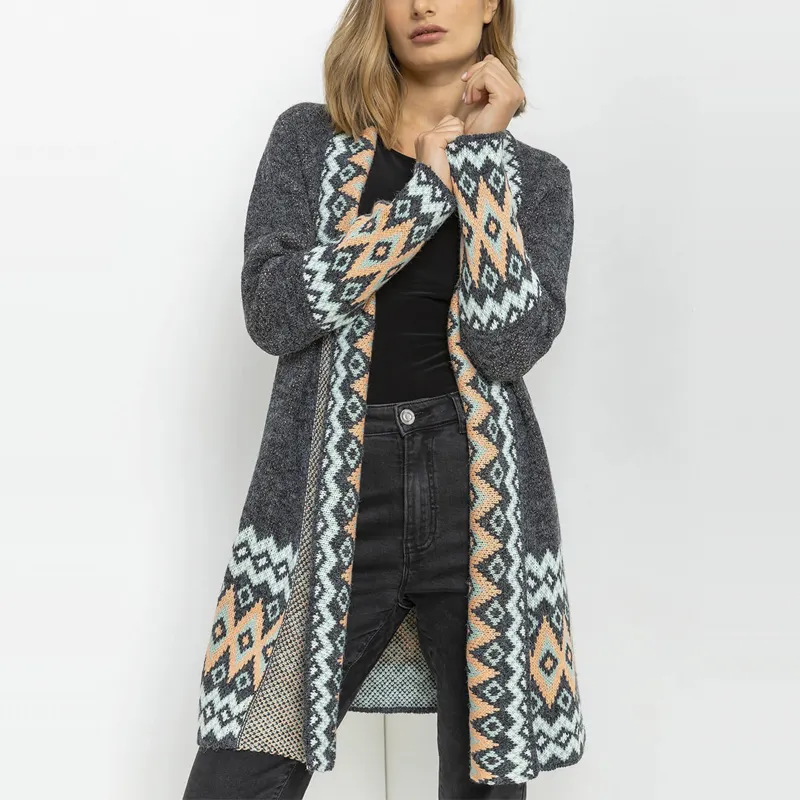 HDRM22055 Women edge to edge design dark grey aztec border print longline length comfortable cardigan for an easy casual look