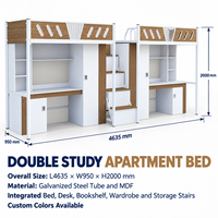 Lit superposé double en métal au design contemporain avec bureau, armoire et étagère intégrés pour dortoir scolaire, appartement, mobilier
