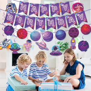 Nuovo Set Decorazioni per Festa di Compleanno a Tema Spaziale con Stelle, Occhiali di Carta, Striscione Fai-da-Te, Decorazioni Spirali Appese, Pianeti dell'Universo - Product Image 3