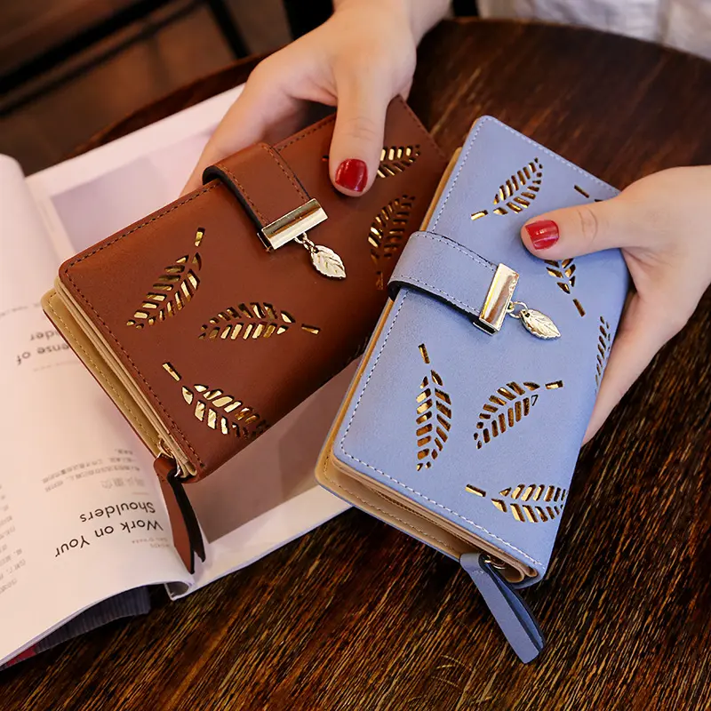 Fashion Hollow Out Leaf Pattern Ladies Wallet with Mobile Phone Holder Zip Around Wallet Womens Trifold Wallet Womens