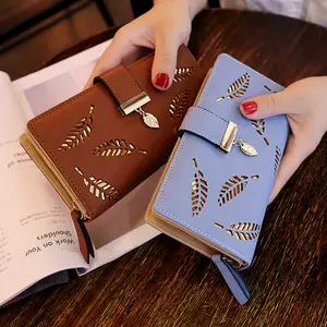 Fashion Hollow Out Leaf Pattern Ladies Wallet with Mobile Phone Holder Zip Around Wallet Womens Trifold Wallet Womens