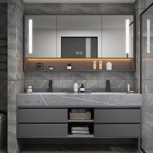Meuble-lavabo double vasque intelligent de luxe noir avec éclairage LED monochrome, miroir nid d'abeille, panneau en mélamine et finition laquée murale - Product Image 2