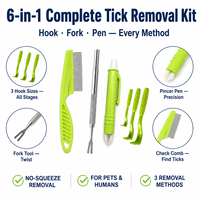 Kit d'outils d'élimination des tiques 6-en-1 en acier inoxydable et plastique avec peigne anti-puces et extracteur - Portable et ultra-sûr pour chiens, chats et chevaux
