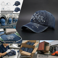 Casquette de sport réglable en denim 6 panneaux, style streetwear américain de luxe, effet vieilli, avec patch PVC floral croisé et bords bruts effet encre éclaboussée