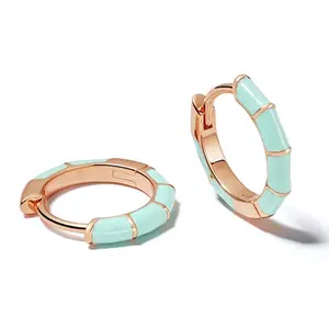 Turquoise Milskye Fashion Fine Jewellery 18k Gold Plated Bamboo Enamel Turquoise Teal Stripe Huggie Hoop Earring