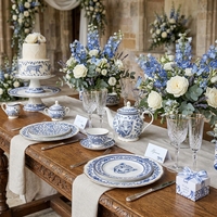 Service de vaisselle créatif en porcelaine bleue et blanche avec bordure dorée, vaisselle en céramique, imprimé floral léopard royal, vaisselle de mariage