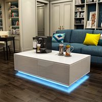 Table basse blanche moderne à 4 tiroirs haute brillance avec lumière LED RGB réglable pour meubles de salon