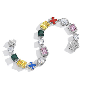 Colorful Gemstone <b>Bracelet</b> And Necklace <b>Set</b> Geometric Cross Design Silver Alloy Party Jewelry Fashion Hip Hop Style - Product Image 5