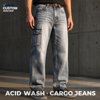 Jeans Baggy Homme Gris 13oz Personnalisés OEM, Coupe Large, Effet Délavé Vertical, Style Rétro Urbain pour la Mode