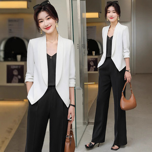 Women's <b>Blazer</b> Suit <b>Set</b> White Black Solid Color Slim Fit Anti-Wrinkle Satin Casual Office Wear - Product Image 1