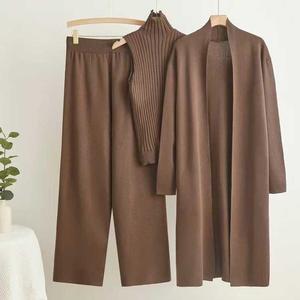 <b>Spring</b> Autumn Women's Casual Solid 3 Piece <b>Cardigan</b> Tracksuit Set Breathable Knitted Pant Vintage Fashion Relaxed Fit - Product Image 1