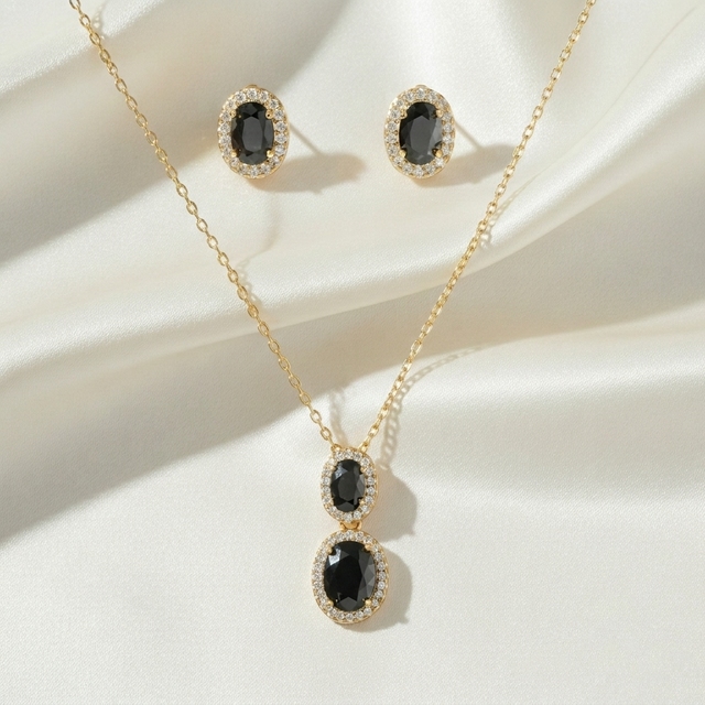 Noble Double Oval Halo CZ Necklace Earring Set 14K Gold Plated Brass for Retro Formal Stacking Wholesale Womens Fashion Jewelry