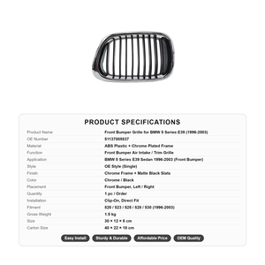 <span class=keywords><strong>Grille</strong></span> de ventilation du pare-chocs avant en plastique ABS OE 51137005837 pour <span class=keywords><strong>BMW</strong></span> Série 5 E39 2000-2003 520i 525i 530i - Product Image 4