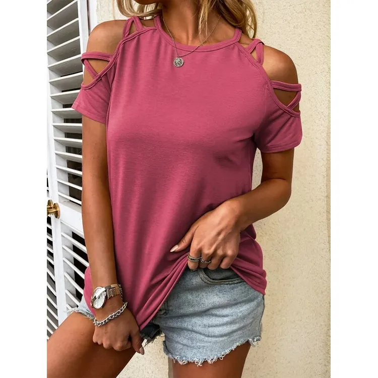 Fashion t-shirt summer short sleeve hollow out shoulder shirts for women causal cotton ladies t shirt new design