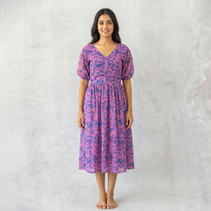 Robe midi décontractée d'été pour femme, coupe ample, épaules dénudées, imprimé floral, manches bouffantes, taille élastique, ligne A, avec poches - Product Image 1
