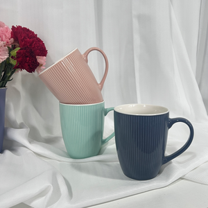 Wholesale AB Grade Ceramic <b>Cups</b> Striped Embossed Pure Color Porcelain Coffee Mugs Low Prices for Business Gifts - Product Image 3