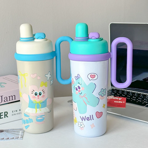 700ml mignon dessin animé gobelet avec poignée en <span class=keywords><strong>paille</strong></span> bonne humeur fleur motif isolé sous vide Kawaii bouteille d'eau cadeau - Product Image 4