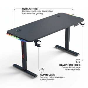 New <b>Standing</b> Desk Gaming Desk Carbon Fiber Surface Metal Frame Adjustable Height With Headphone Hook Cup Holder - Product Image 6