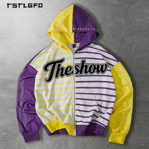 Sudadera con capucha Y2K a rayas bordada con cremallera, mangas con pedrería y estampado de llamas, corte regular, 100% algodón, marca de moda de etiqueta privada - Product Image 1