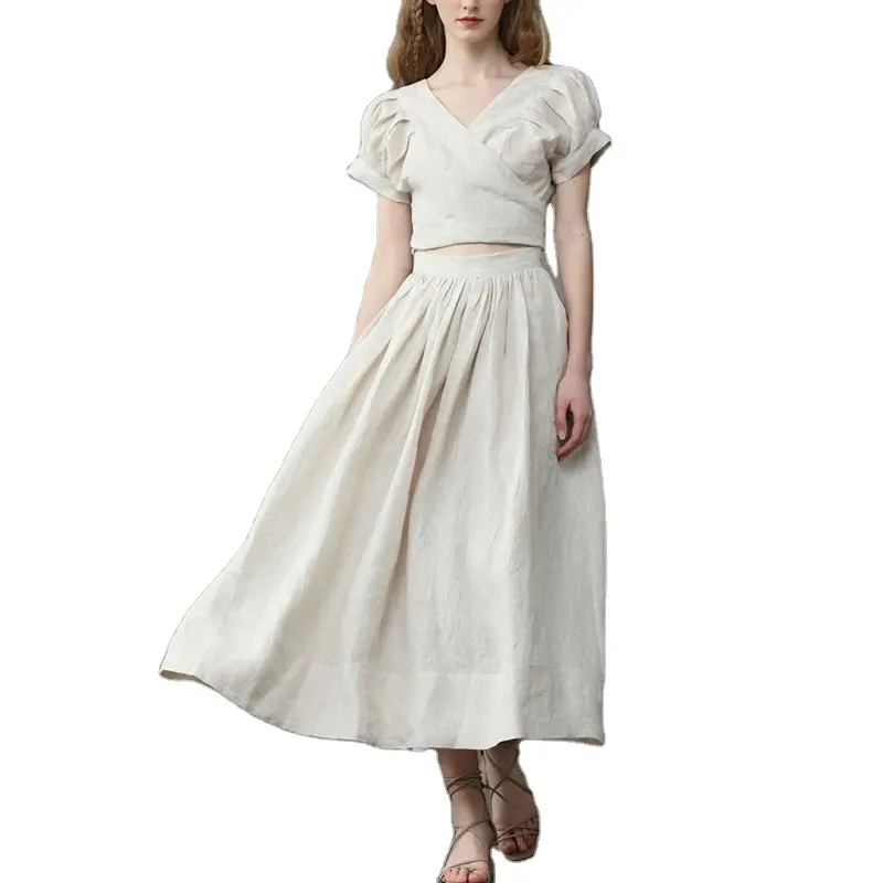 Puff tay áo sơ mi và Linen maxi váy 2 mảnh thiết lập mùa hè nóng bán Linen Áo DRESS Set của phụ nữ quần áo 2 mảnh thiết lập