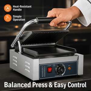 Prensa de contacto eléctrica comercial de un solo cabezal 220V, plancha plana para sándwiches, panini, hamburguesas, filetes, para cafeterías, restaurantes y cocinas. - Product Image 5