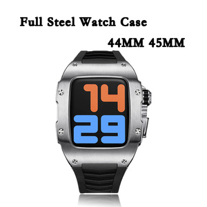 Caja de Acero Inoxidable Completa para Apple Watch, Funda de Lujo para iWatch Series 5, 6, 7 y 8, 44mm 45mm, Correa de Goma Negra, Cubierta Protectora - Product Image 2