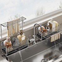 Égouttoir à vaisselle multifonctionnel sur pied en acier inoxydable pour comptoir, avec rangement pour éponge et torchon, design moderne