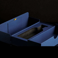Boîte à parfum de luxe à double ouverture, emballage rigide en papier bleu nuit personnalisé avec logo gaufré or et insert en mousse pour flacon