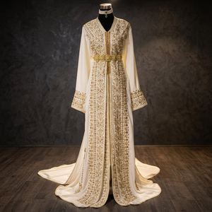 Abaya élégante blanche brodée en soie, col en V, manches longues, longueur ras du sol, motif floral, pour mariage au Moyen-Orient, coupe classique pour femme, été - Product Image 3