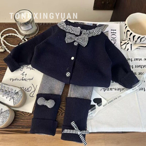 Tongxingyuan Girls' Navy Blue Sweater Cardigan With Bow Gray Leggings Two Piece Set Autumn Cotton Outfit - Product Image 1