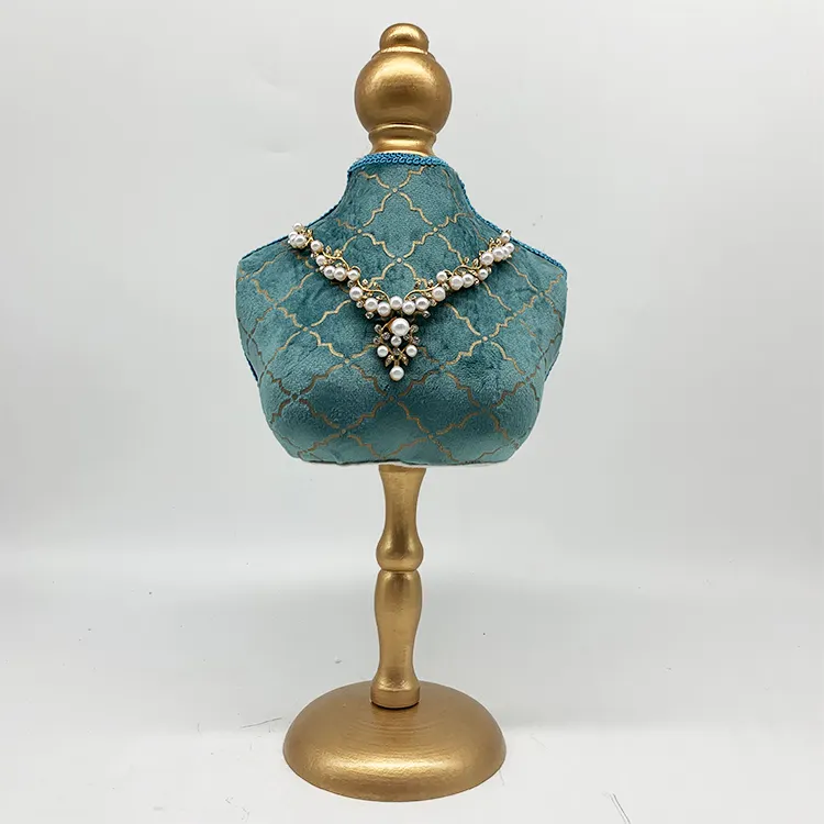 Necklace Stand Exquisite Blue Fabric Necklace Bust Holder Free Standing Mannequin Jewelry Torso With Gold Wooden Stand For Retail Store