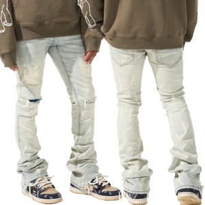 Jean délavé bleu clair tendance, coupe bootcut empilée, effet usé, pour homme - Product Image 6