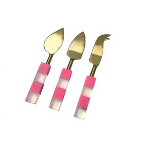Stainless Steel <b>Cheese</b> <b>Knife</b> <b>Set</b> New Style Indian Handmade Spoon And Resin Round Shape Pink and white Table Decorate Use - Product Image 1