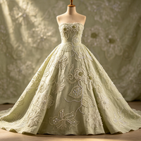 Kain Linen Katun Hijau Muda dengan Bordir Bunga Mutiara & Payet Perak untuk Gaun Pengantin, Gaun Pengiring Pengantin