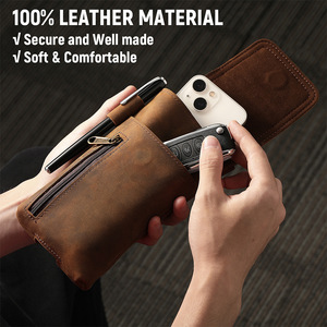 Vintage Top Grain Leather <b>Men</b> Waist Bag Multifunctional Magnetic Phone <b>Pouch</b> Belt Clip Purse Genuine Leather Wholesale - Product Image 3