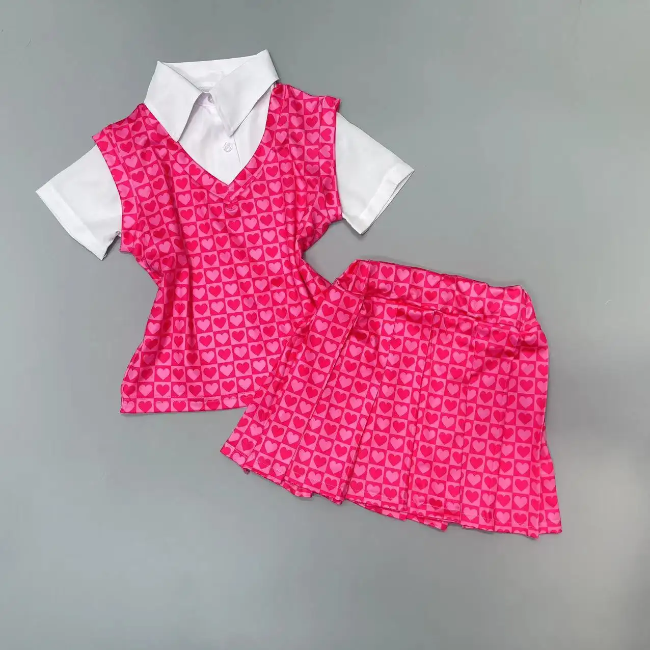 Herfst Nieuwe Spot Meisjes Sets Shirt + Vest + Gezwollen Rok 3 Stuks Meisjes Roze Liefdesprint Prinses Jurk Meisje Sets