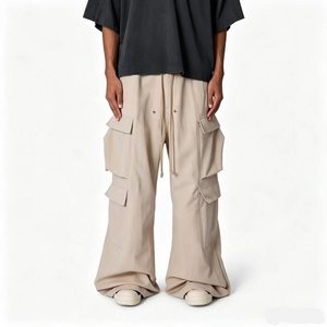 Pantaloni <span class=keywords><strong>Cargo</strong></span> <span class=keywords><strong>Beige</strong></span> da Uomo con Tasche Multiple, Pantaloni Casual Larghi con Coulisse e Gamba Larga - Product Image 1