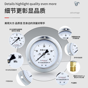 Manómetro de Acero Inoxidable Mairuikesi Yn100Zt, Resistente a Impactos, Rosca M20 1.5, 0-40 Mpa, Zhejiang, China - Product Image 2