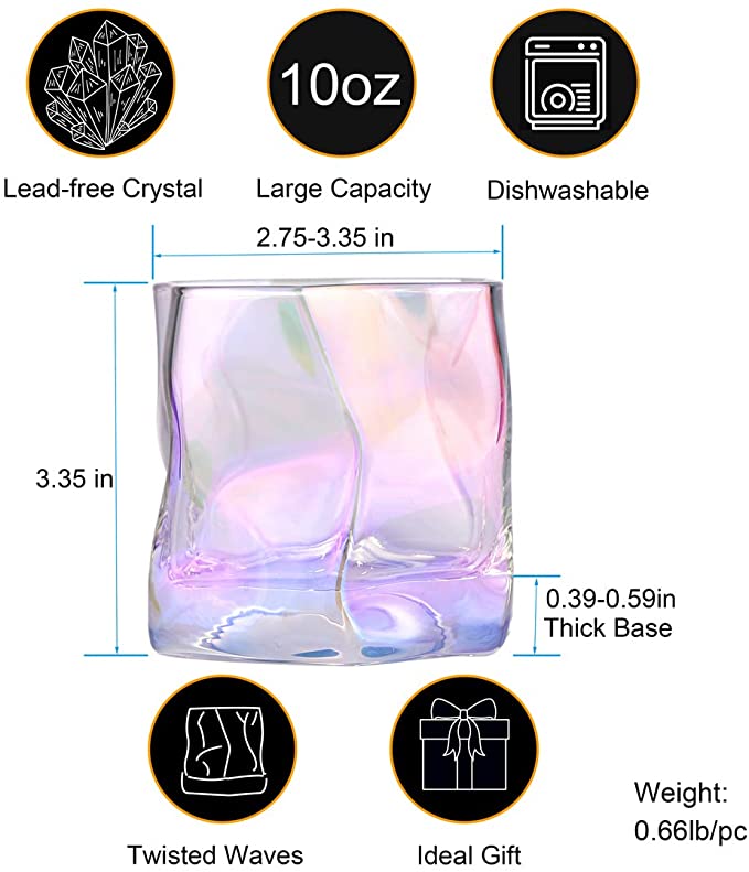 Whiskey Glasses 10 oz Colorful Cocktail Glasses Hand-blown Lead-free Bar Lowball Crystal Glass