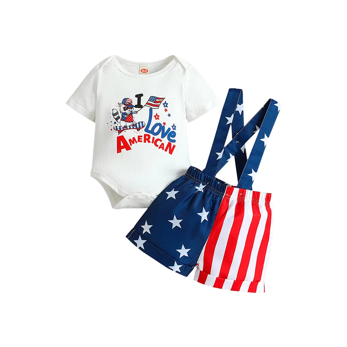 Cartoon Flag Print White T Overalls Boutique Custom Wholesale Summer T-Shirt Set Baby Cotton Clothes For Boys And Girls 6-24 M