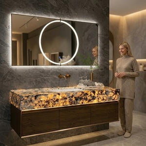 <span class=keywords><strong>Meuble</strong></span>-lavabo mural flottant en bois cannelé de style scandinave moderne avec dessus en marbre et lavabo vasque doré pour hôtel YG21 - Product Image 1