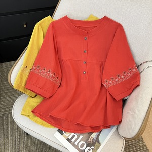 Women's Cotton Linen <b>Blouse</b> Orange <b>Red</b> Yellow Embroidered Three Quarter Sleeve Daily Wear Top - Product Image 1