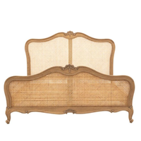 Lit double en bois de chêne massif, style français vintage, avec cadre en osier fait main, finition vieillie, vente en gros
