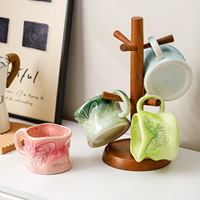 Mug à café en céramique 3D avec papillon en relief, glaçure dégradée, bord ondulé, vaisselle rustique faite à la main, plusieurs couleurs disponibles