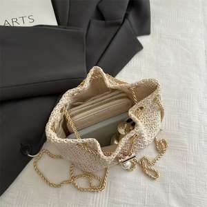 Elegant Woven <b>Drawstring</b> Bucket <b>Bag</b> with Chain Shoulder Strap - Product Image 5