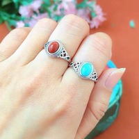 Bague Pietrope Unisexe Ajustable en Argent Sterling S925 Plaqué Or, Sertie de Pierres Rouge Agate et Turquoise, Style Vintage Ethnique, Modèle Simple GOLDIX