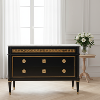 Commode de luxe néoclassique française en bois massif noir et or avec plateau en marbre pour entrée et chambre à coucher